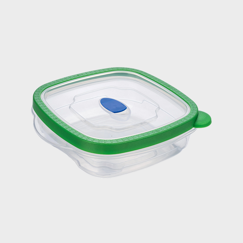 PFB027 710ml ワイドベース浅い正方形 PP 食品保存容器、通気口付きグリーンオーバーモールド蓋付き