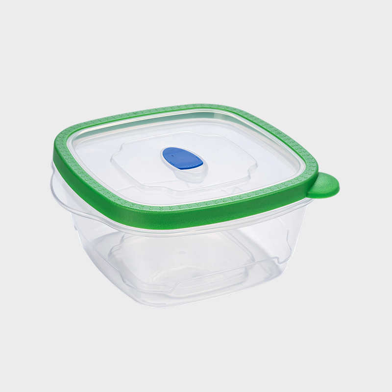 PFB028 1180ml ミッドディープ スクエア PP 食品保存容器 通気口付きグリーンオーバーモールド蓋付き